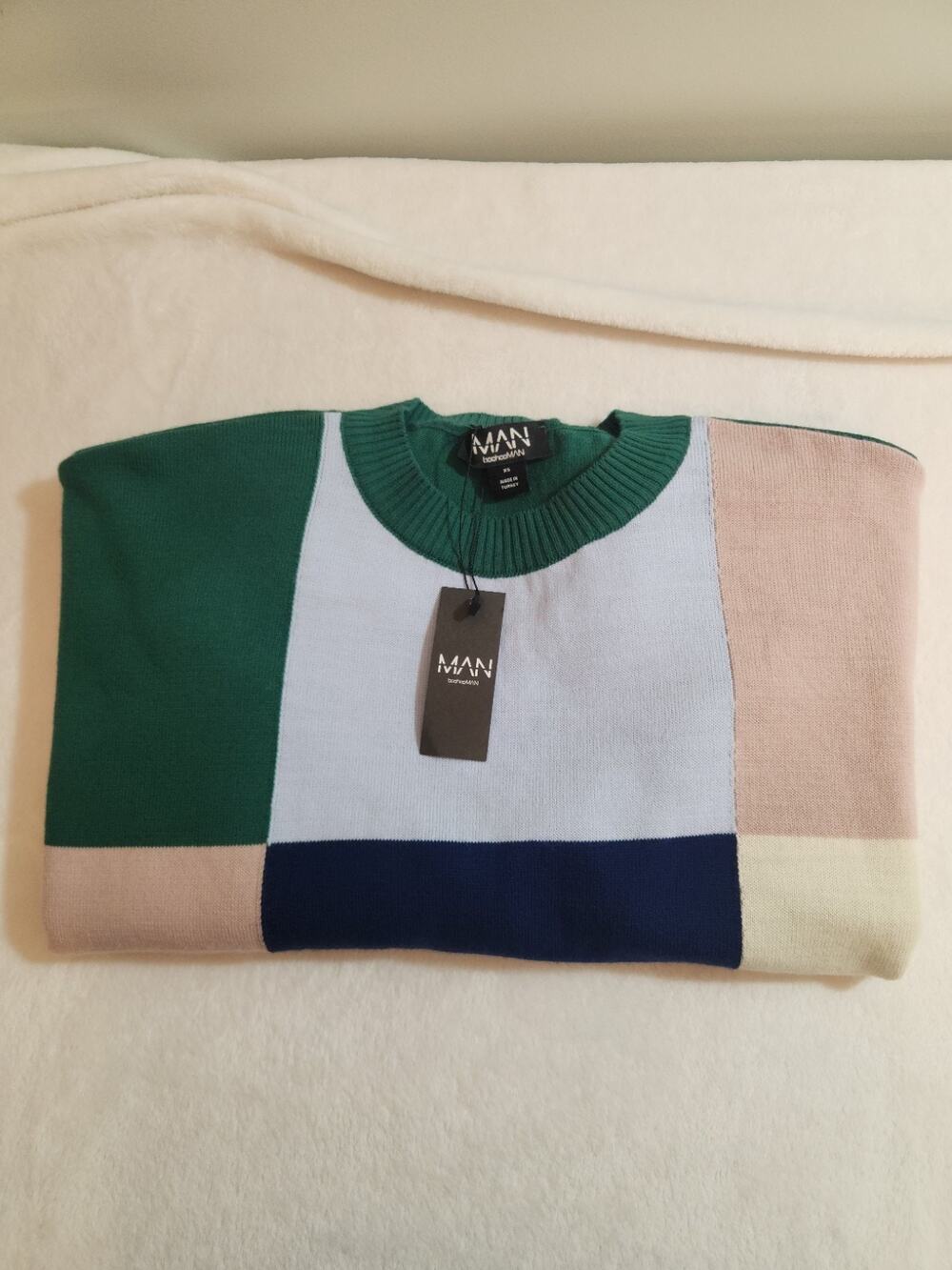 BooHoo Man NWT Sweater XS Green Colorblock Long Sleeve Pullover Preppy
